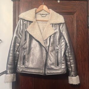 Silver faux leather moto jacket with faux shearling lining